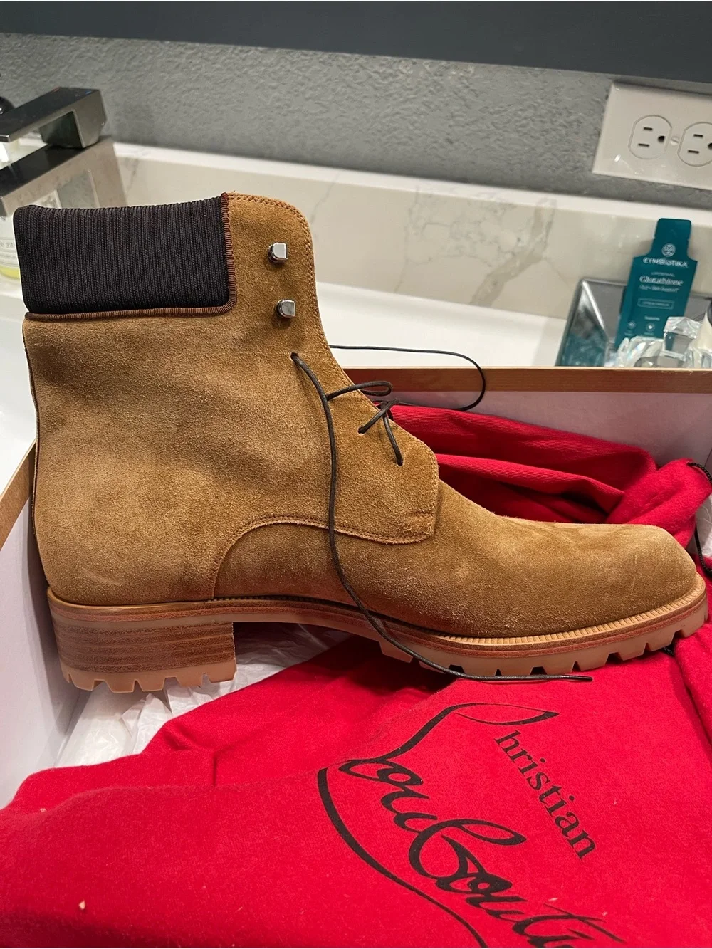 Christian Louboutin Suede Tan Lace-Up Ankle Boots with Ribbed Collar